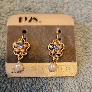 1928 Vintage Gold Tone Earrings with Blue and Faux Pearl Accents, Mother's Day